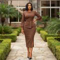 Women's Peplum Bell Sleeve Midi Dress in Chocolate Brown – Nigerian Female Model Shot