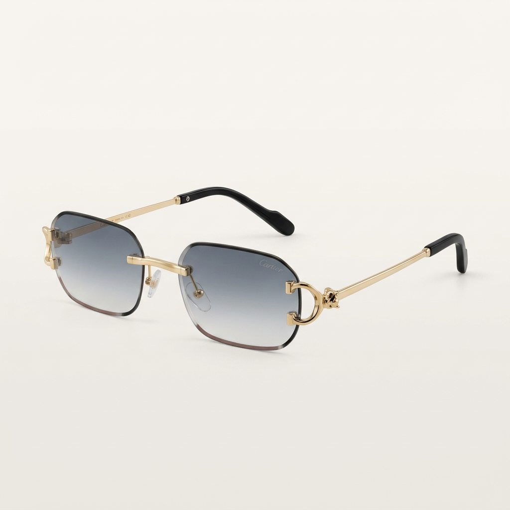 Gold-tone square sunglasses with grey gradient lenses, AI-edited catalog image