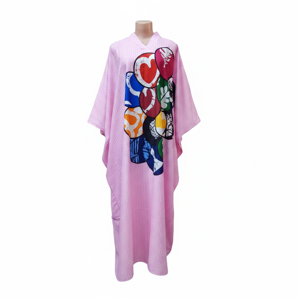 Ghost mannequin front view - pink balloon bouquet graphic kaftan dress