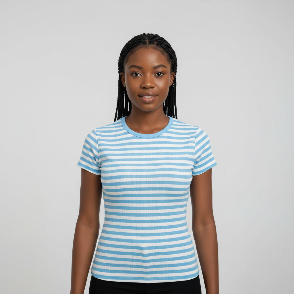 Sky Blue & White Stripe Fitted Top - Model Shot Square