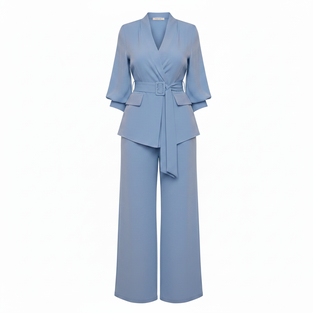 Women's light blue shirt and wide-leg trouser co-ord set – ghost mannequin view