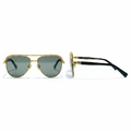 Unisex luxury aviator sunglasses with gold frame, ornate braided brow bar, black acetate temples and dark grey lenses – front and side ghost mannequin view on white background