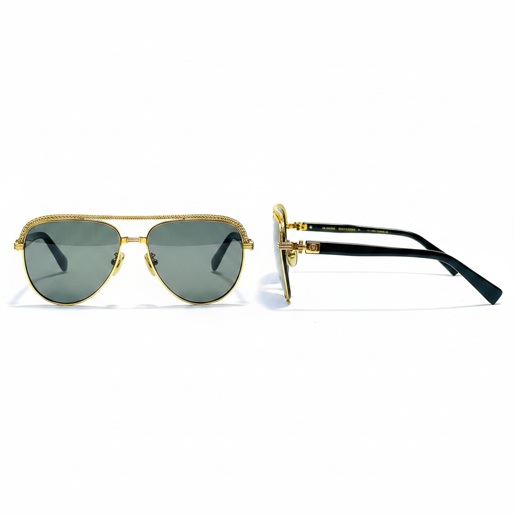Unisex luxury aviator sunglasses with gold frame, ornate braided brow bar, black acetate temples and dark grey lenses – front and side ghost mannequin view on white background