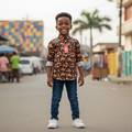 Young Nigerian boy wearing black and orange 3D cube geometric print long sleeve shirt