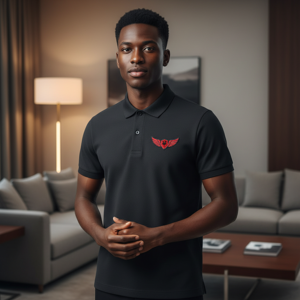 Nigerian model wearing black winged crest polo shirt