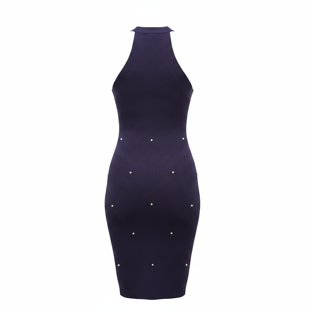 Ghost mannequin back view of navy pearl stud diamond halter neck midi dress - racerback style