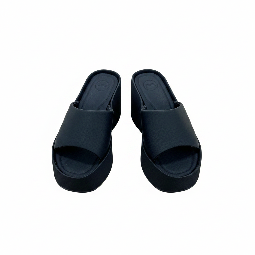 Women's Black Platform Wedge Slide Slipper - Ghost Mannequin Front View