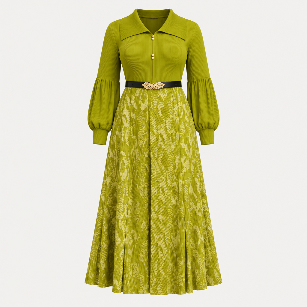 Ghost mannequin view of a chartreuse botanical midi gown with puff sleeves and a belted waist