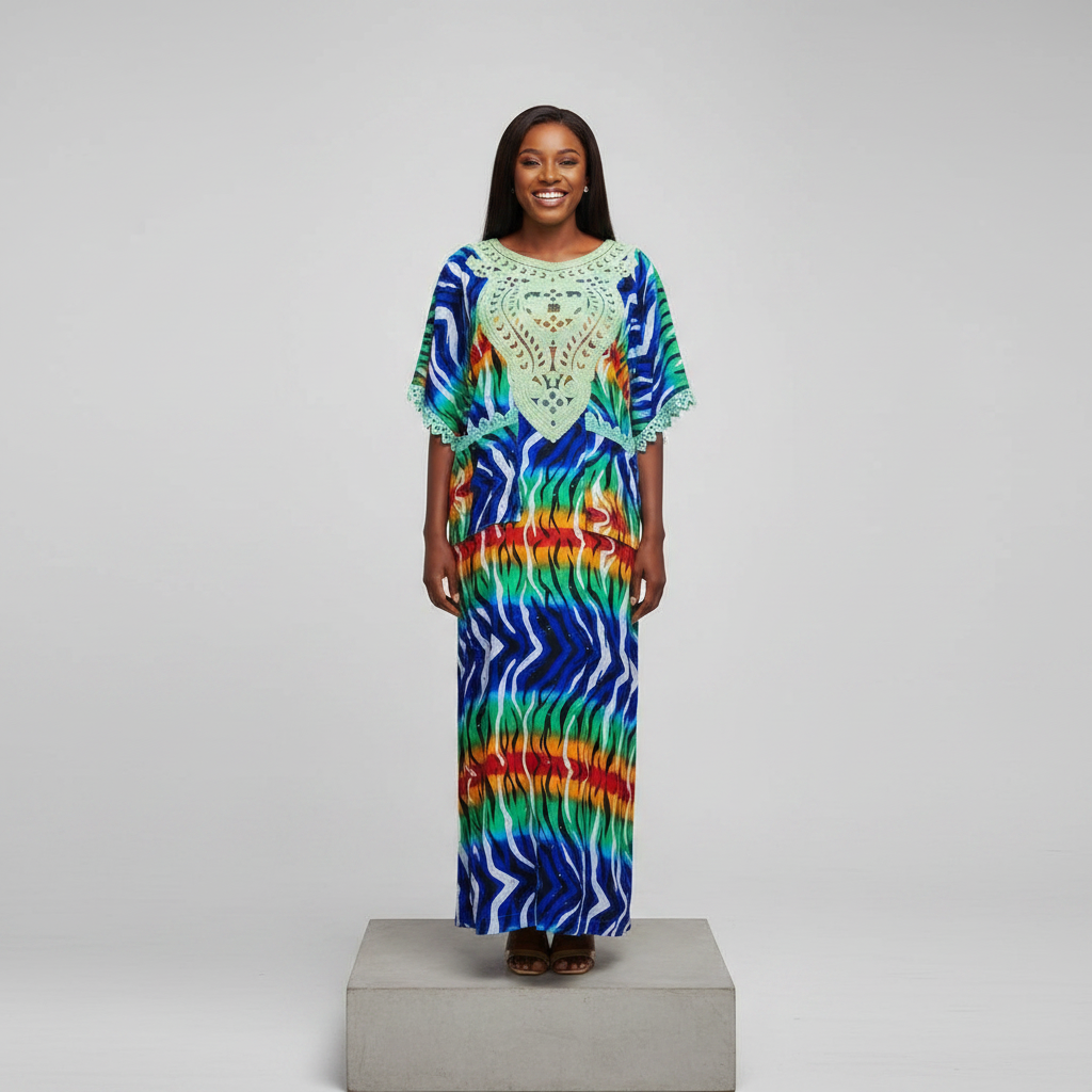 Multicolour Rainbow Zebra Print Long Bubu Gown – Model Front View
