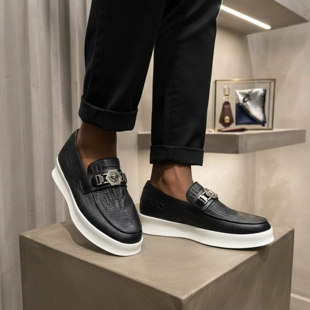 Men's Black Croc-Embossed Leather Platform Slip-On Loafer – Leg Shot