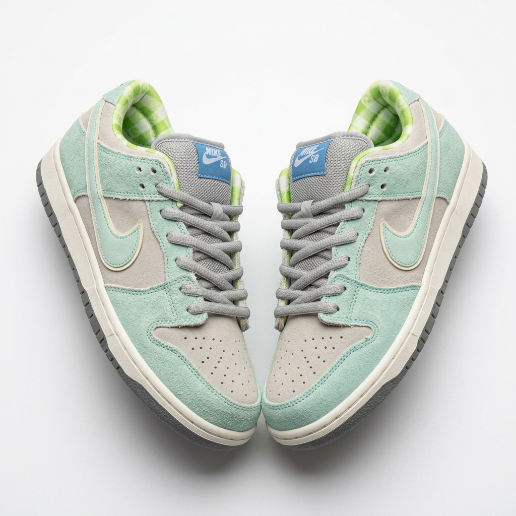 Pair of mint and grey rope-lace low-top sneakers on a white background