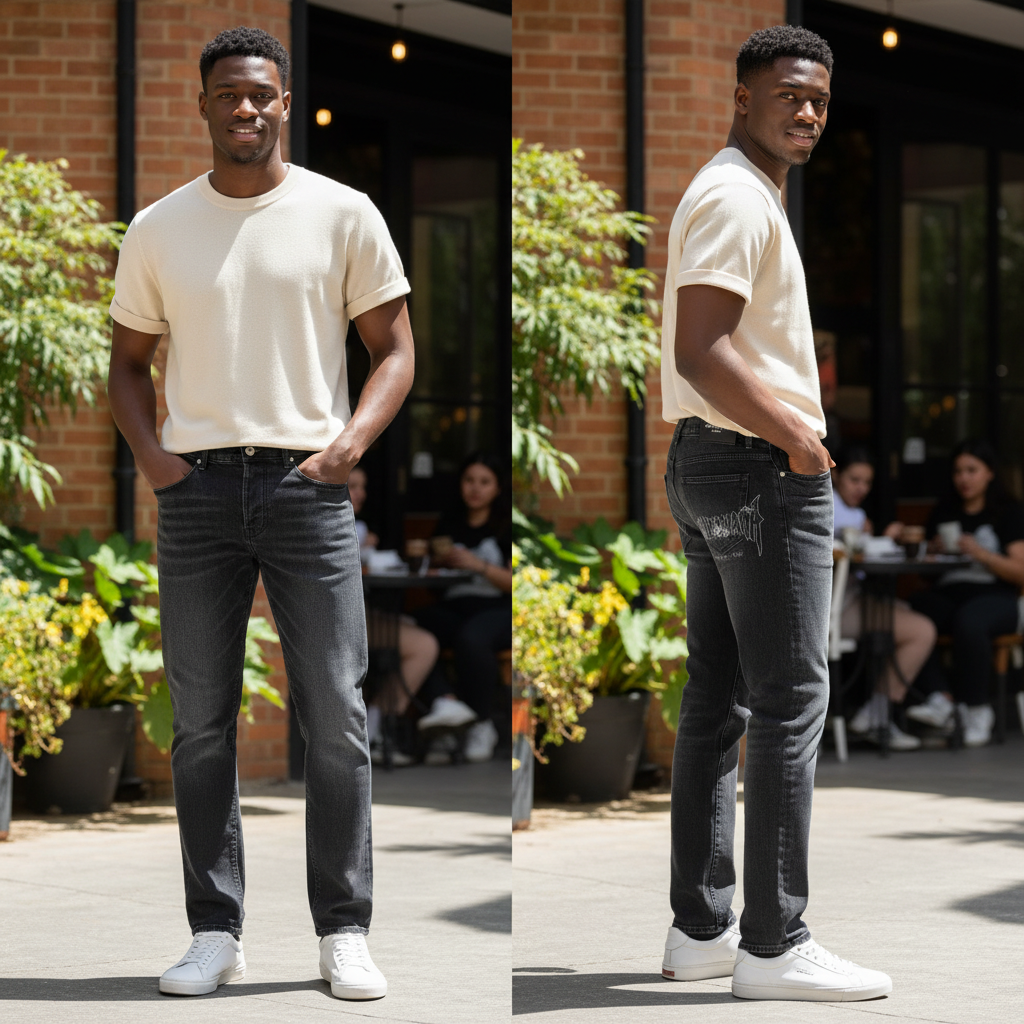 Nigerian model wearing Charcoal Grey Washed Straight-Leg Gothic Logo Embroidered Jeans