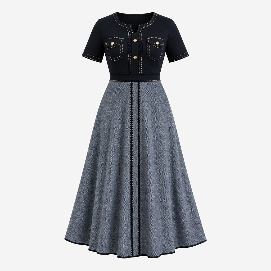 Black and grey short-sleeve flared dress on invisible mannequin