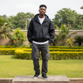 Men's Dark Navy Monogram Denim Hooded Bomber Jacket – Nigerian Male Model