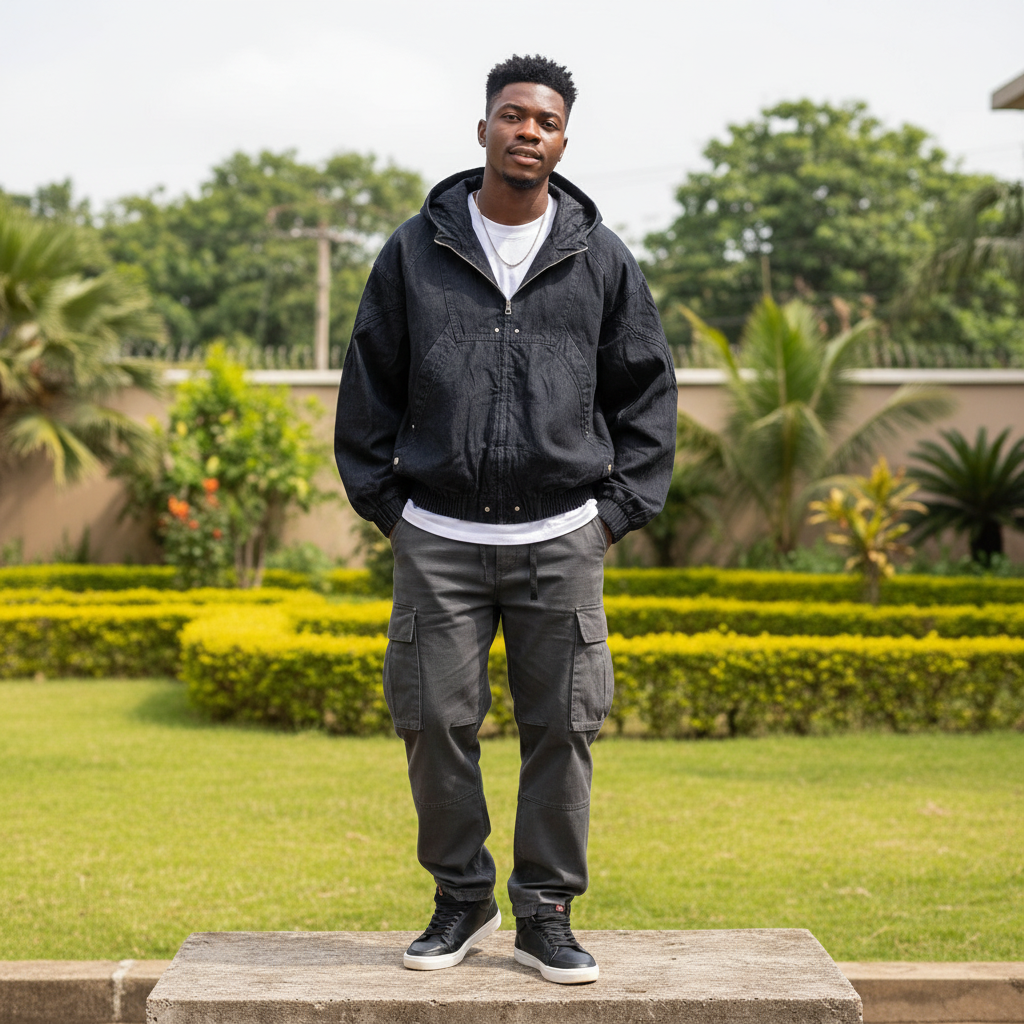 Men's Dark Navy Monogram Denim Hooded Bomber Jacket – Nigerian Male Model