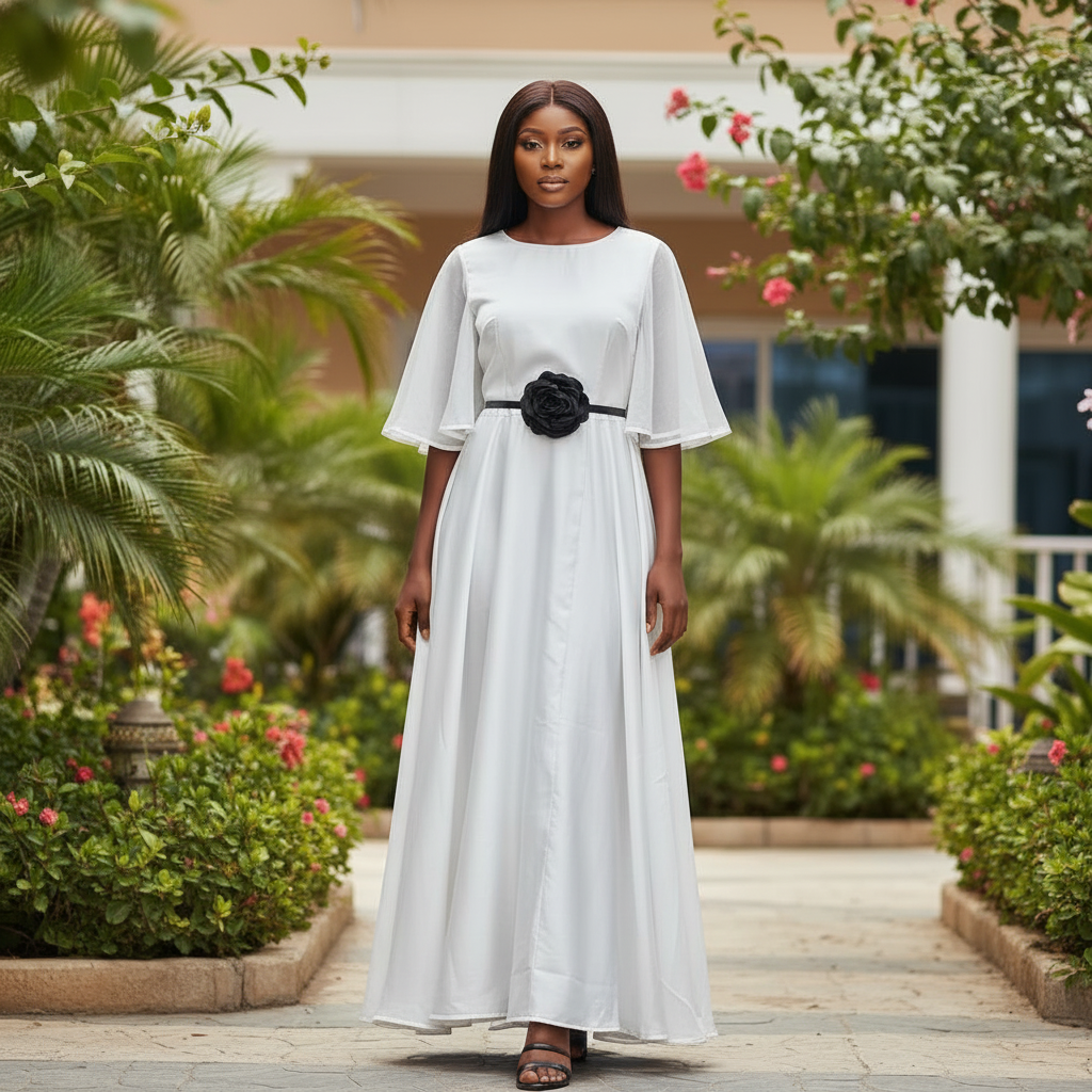 Nigerian female model wearing white satin flutter sleeve maxi dress with black flower belt