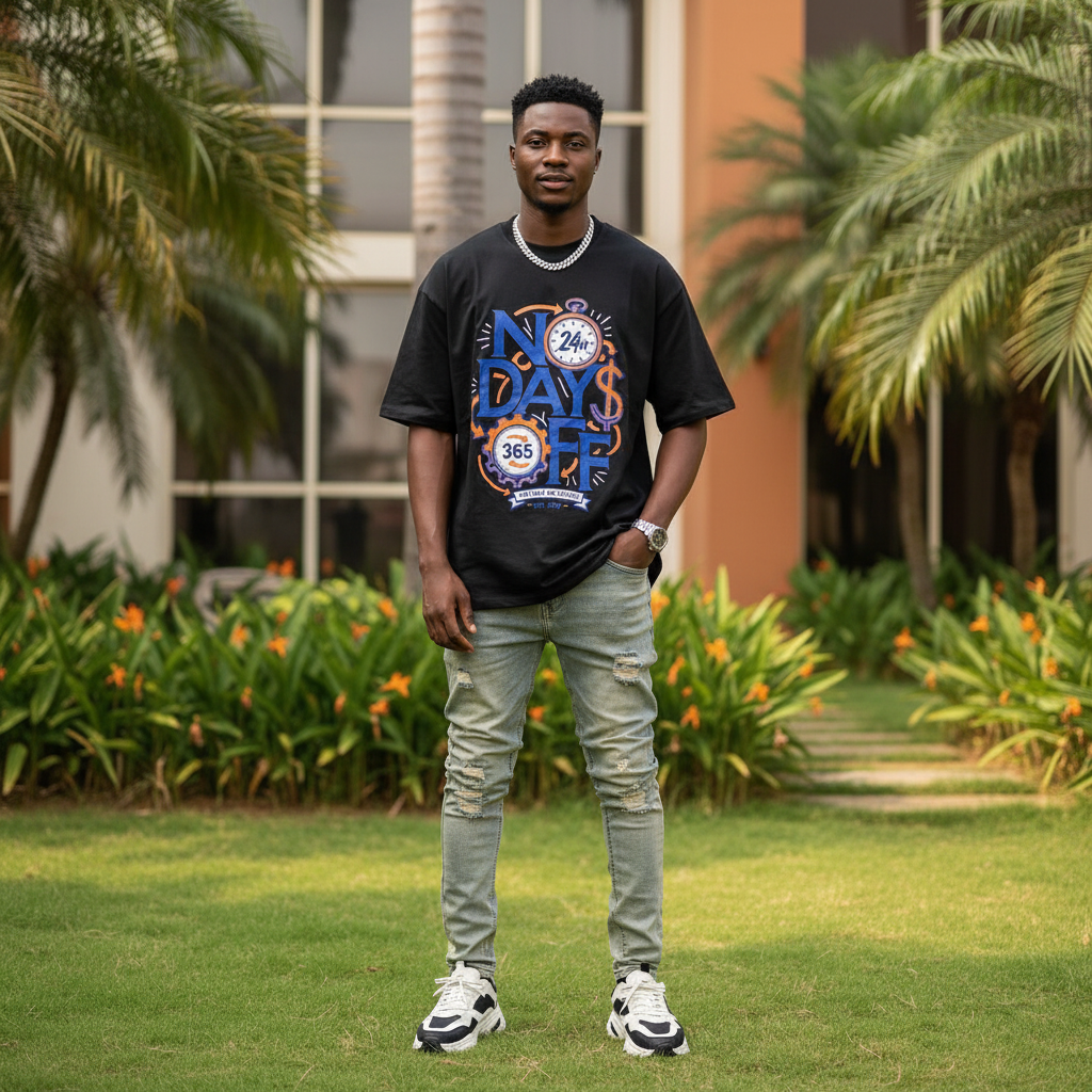 Nigerian male model wearing black no days off motivational graphic oversized tee – front view