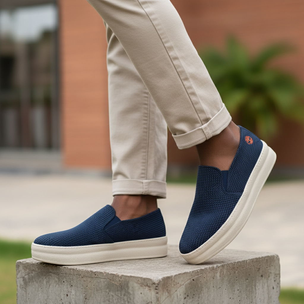 Nigerian male model leg focus shot wearing navy blue woven knit slip-on platform sneaker — both feet visible, street style