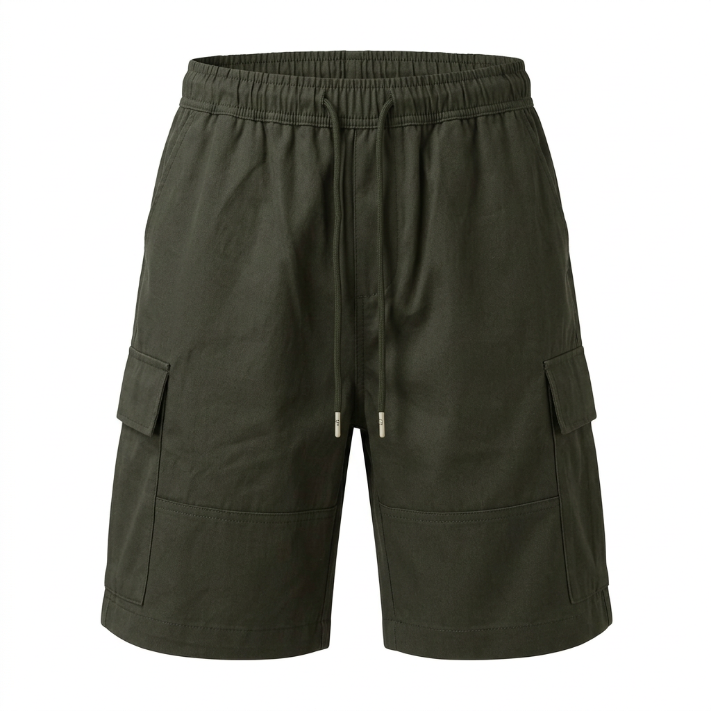 Dark olive drawstring cargo shorts, ghost mannequin front view