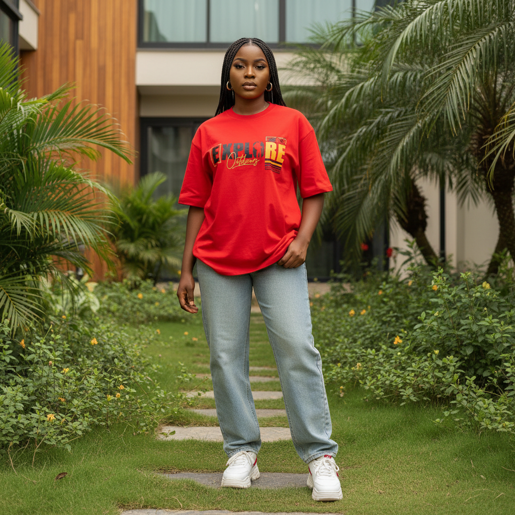 Nigerian female model wearing red explore outdoors graphic oversized tee – front view