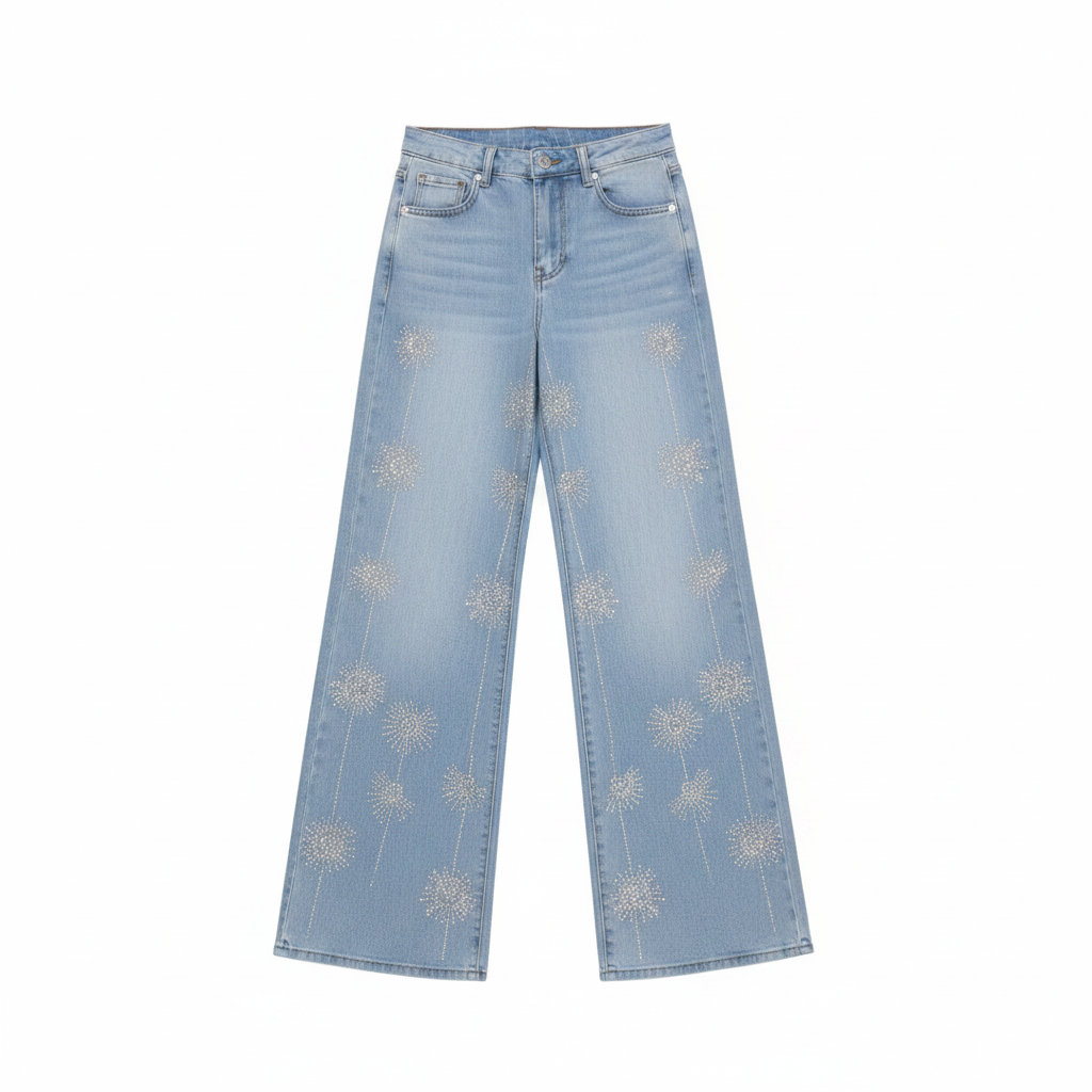 Women's Light Blue Rhinestone Dandelion Wide-Leg Jeans - Ghost Mannequin