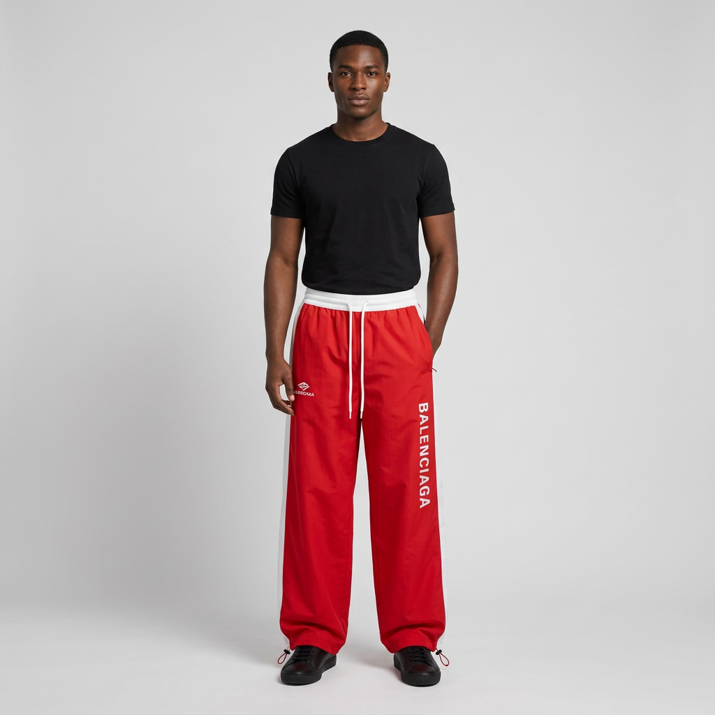 Nigerian man wearing red contrast-stripe wide-leg track trousers