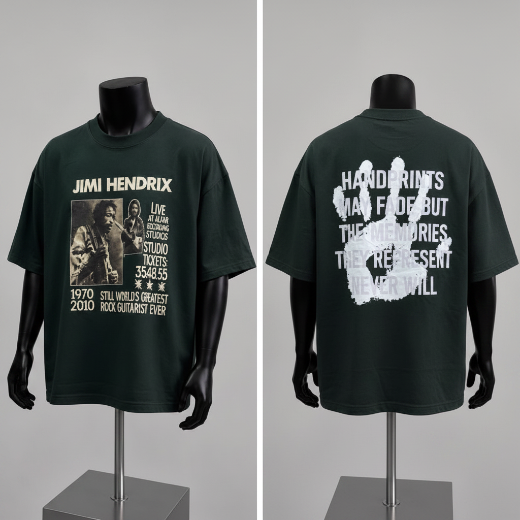 Men's Dark Green Oversized Vintage Concert Graphic Tee – Ghost Mannequin Front and Back View