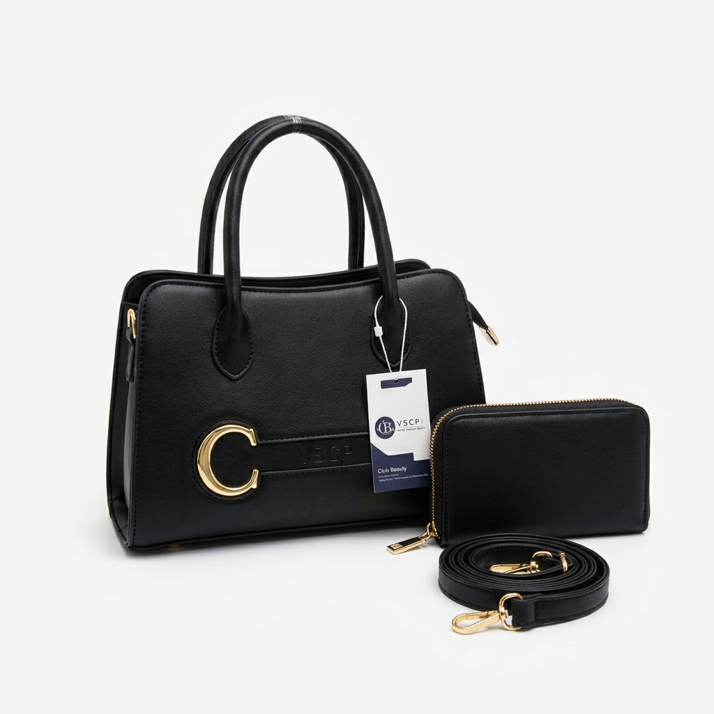 Black gold-tone buckle handbag with matching wallet and detachable strap