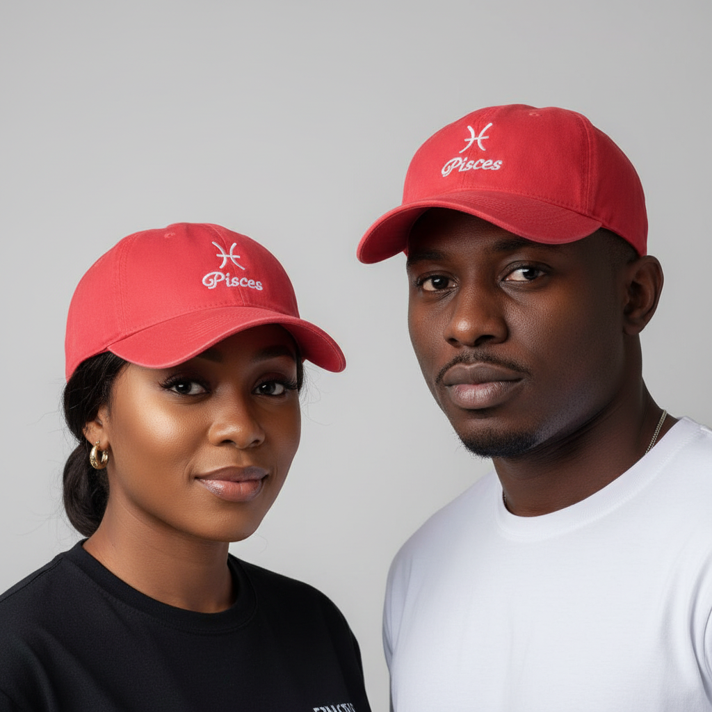 Nigerian male and female models wearing red Pisces zodiac embroidered dad cap