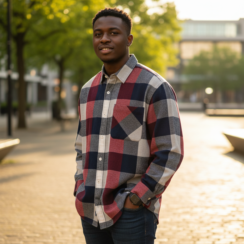 Nigerian male model wearing Red Navy Grey and Off-White Oversized Buffalo Check Long-Sleeve Button-Down Shirt
