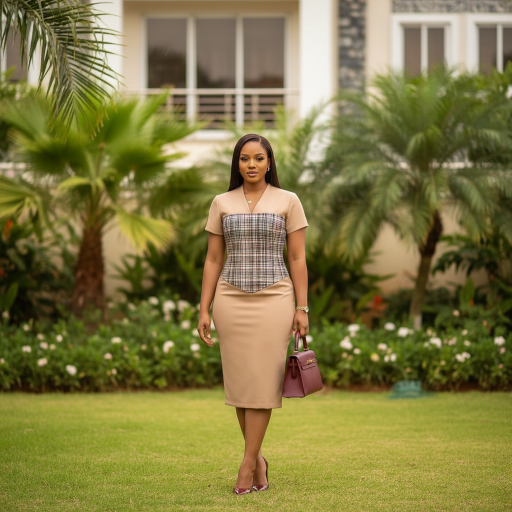 Nigerian female model wearing beige plaid corset panel V-neck short sleeve midi dress