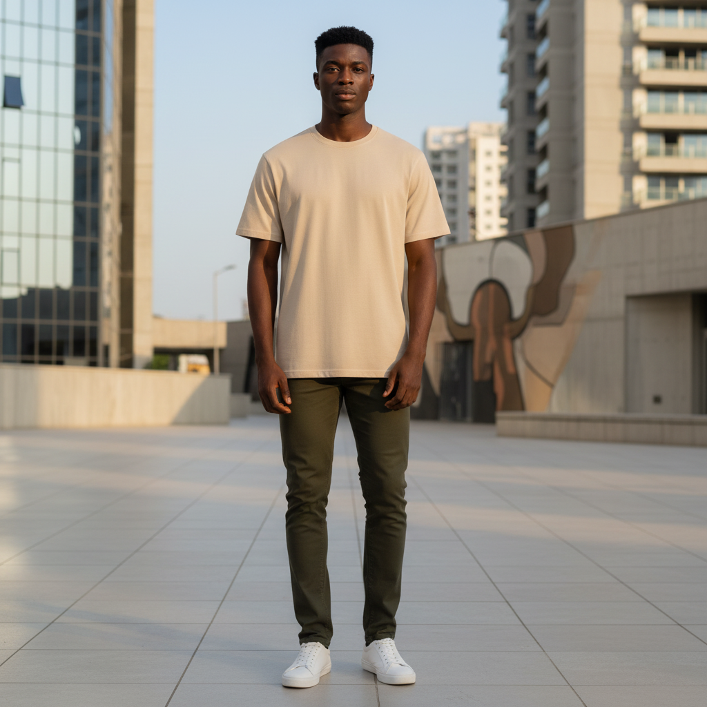 Plain Beige Tee front view on Nigerian male model
