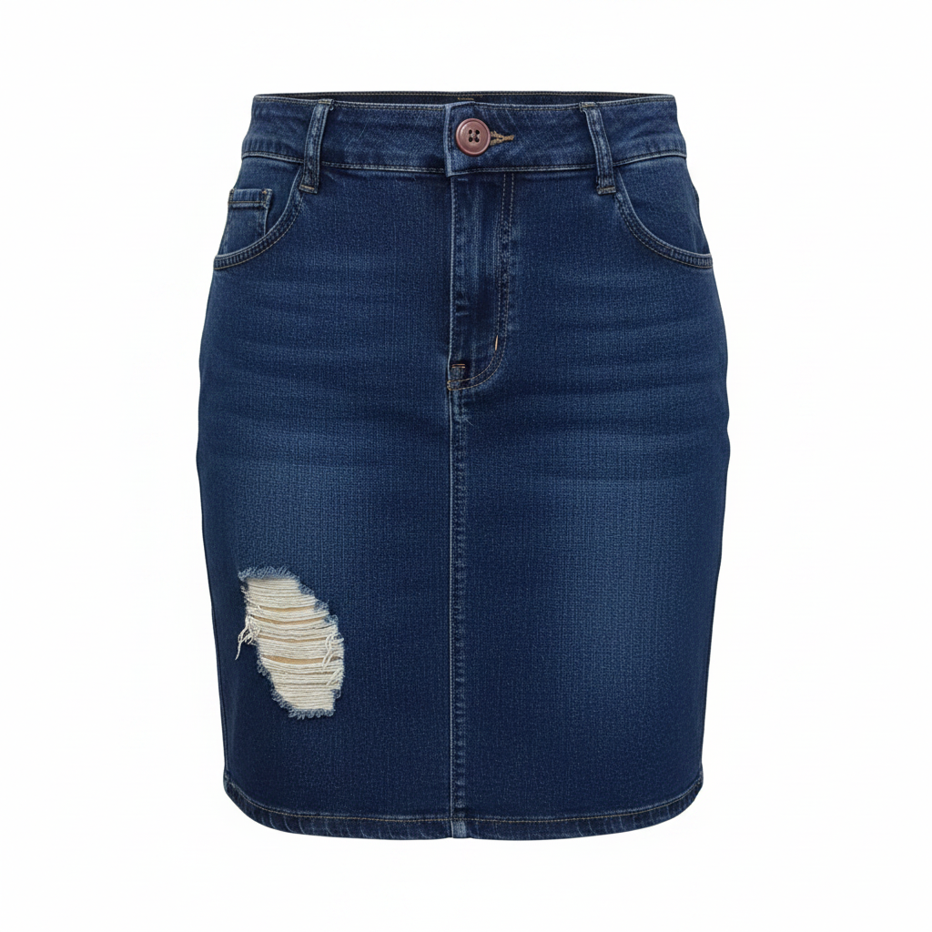 Dark Blue Distressed Denim Mini Skirt - Ghost Mannequin Front