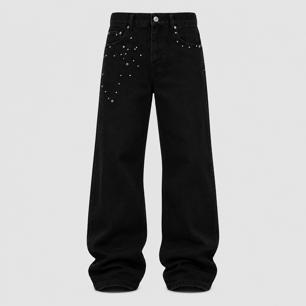 Men's black wide-leg trousers with silver stud details