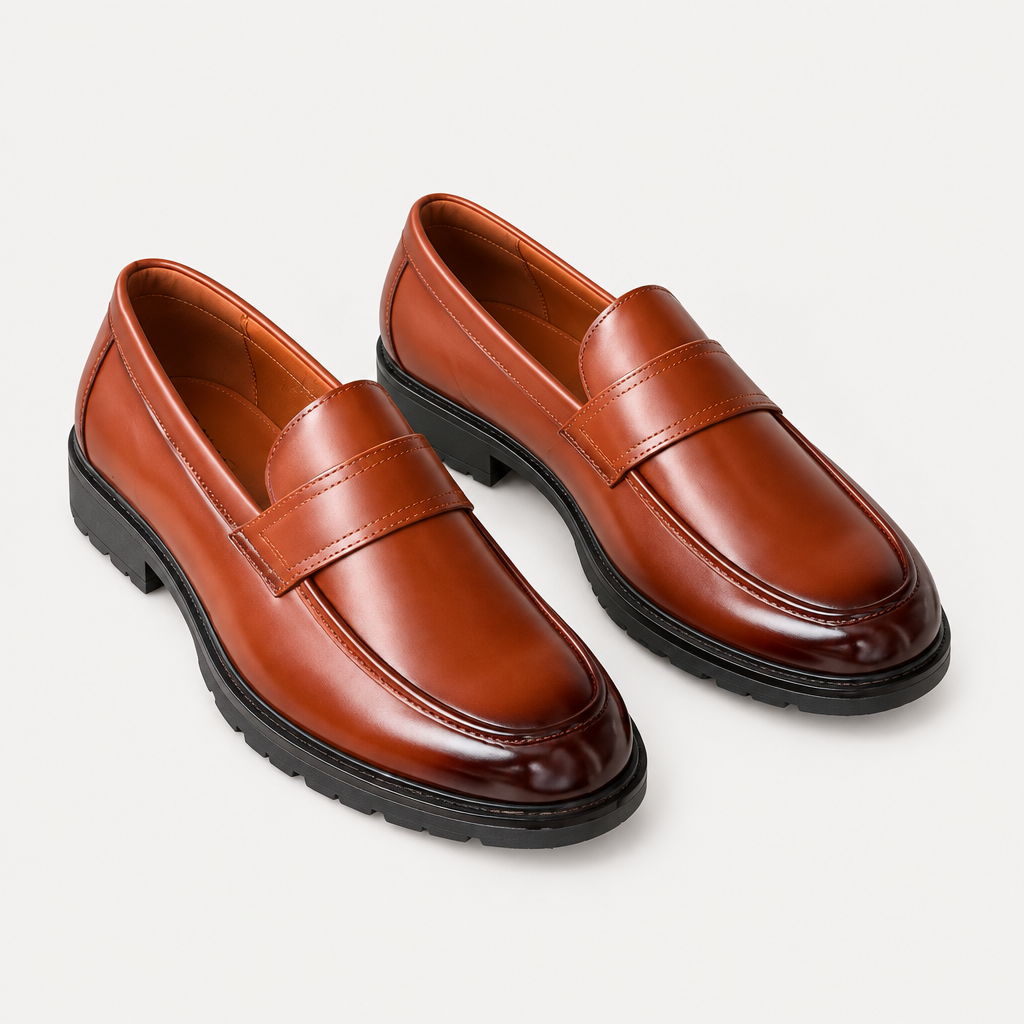 Brown men's penny loafers with lug sole shown as a complete pair