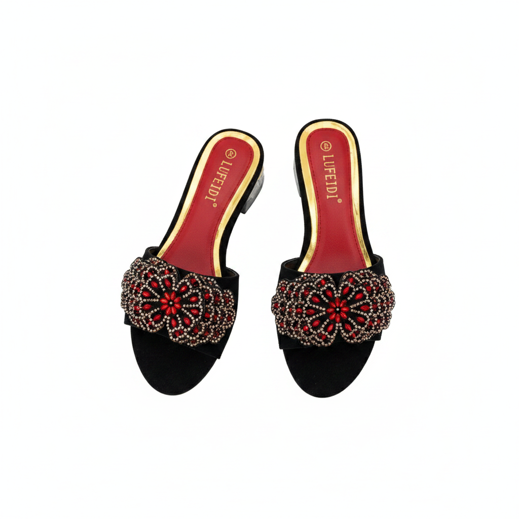Women's Floral Rhinestone Medallion Clear-Heel Slide - Red Ghost Mannequin