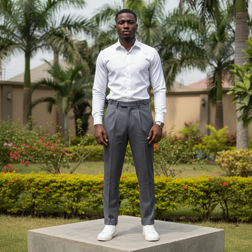 Nigerian male model wearing charcoal grey Gurkha dress trousers