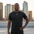 Black Nigerian male model wearing white stripe black premium sport jersey