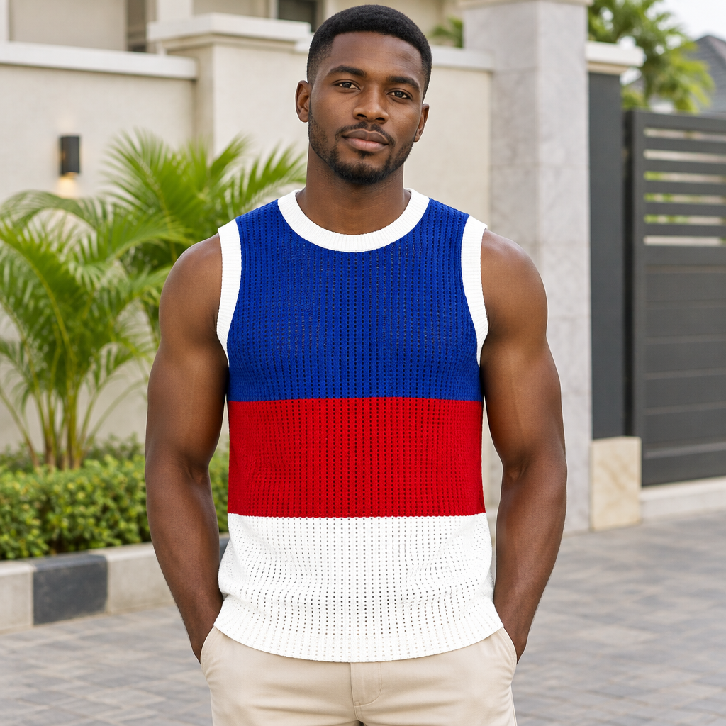 Black Nigerian adult model wearing a blue red and white color-block sleeveless tank top