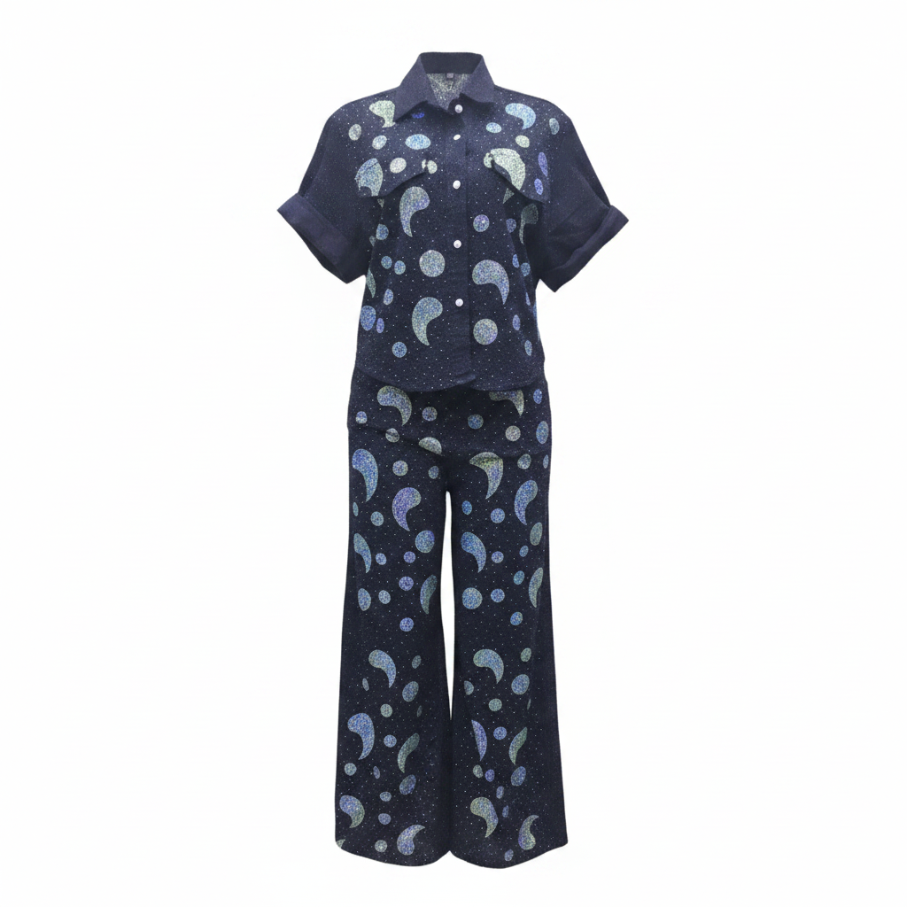 Navy paisley circle print short-sleeve shirt and wide-leg trouser co-ord set ghost mannequin full outfit view