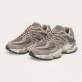 Pair of taupe suede-and-mesh sneakers with chunky soles