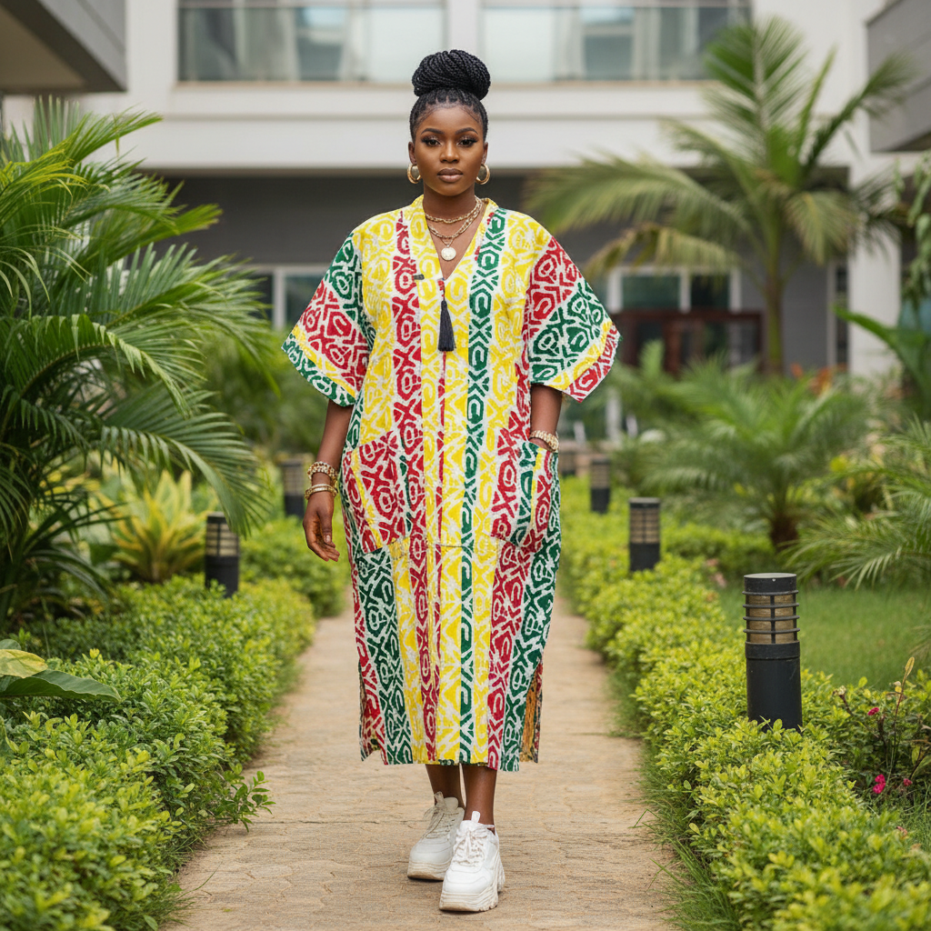Women's Multicolour Adire Bubu Gown – Nigerian Female Model