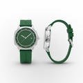 Green dial wristwatch with a silver-tone case shown from the front and side