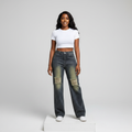 Dark Wash Rhinestone Ripped Wide-Leg Jeans – Model Front