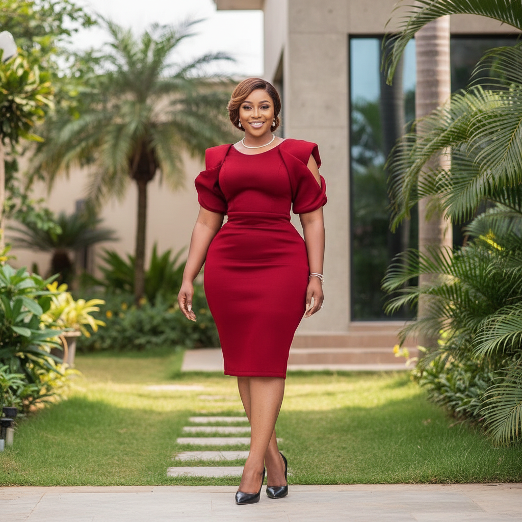 Nigerian female model wearing crimson red cold-shoulder puff sleeve bodycon midi dress