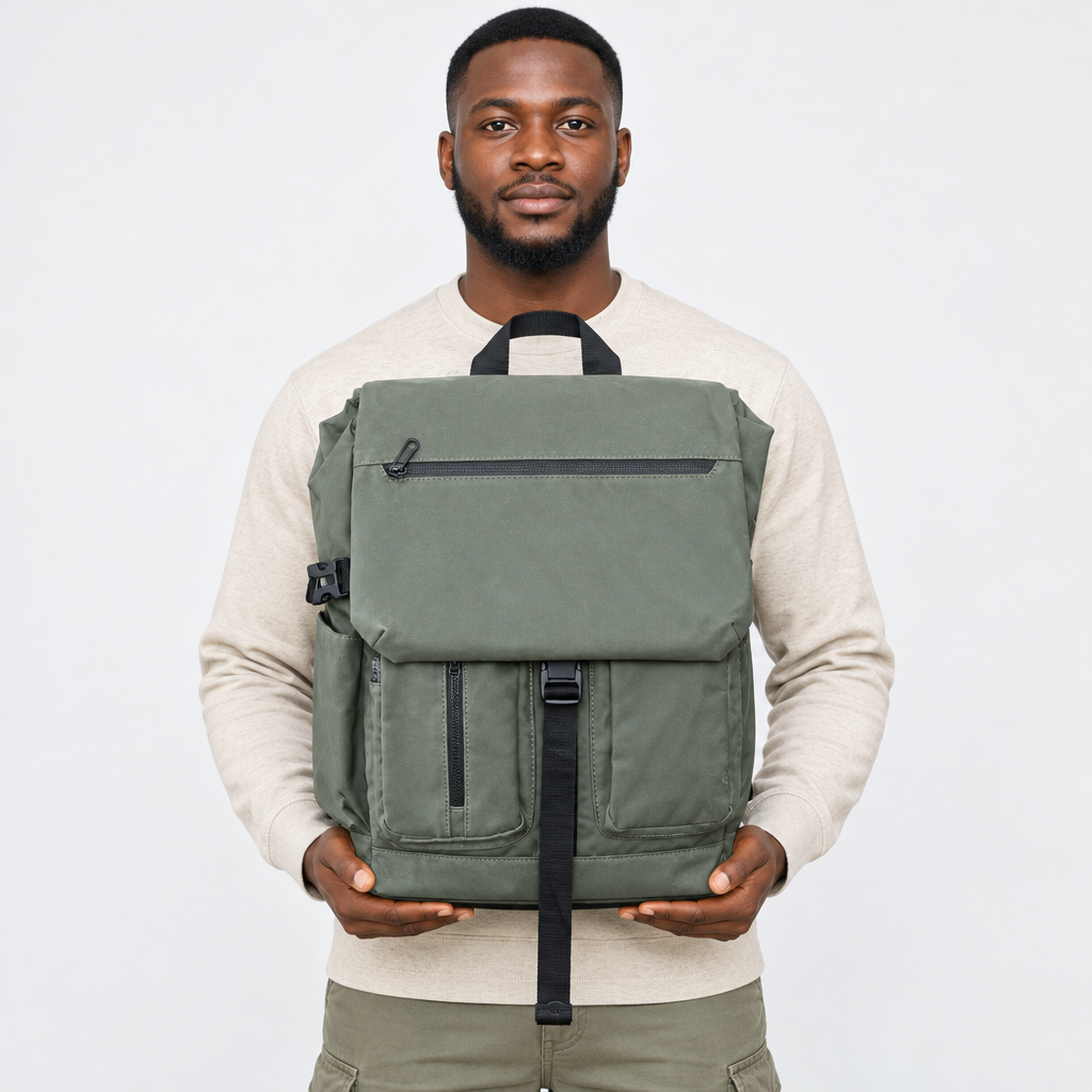 Adult model holding an olive zip-flap backpack front-facing