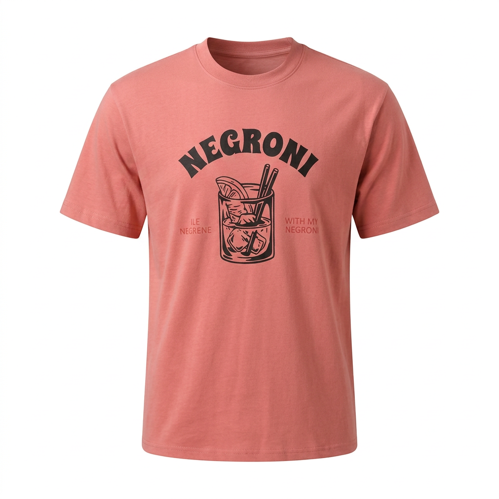Coral pink crew-neck drink graphic T-shirt in ghost mannequin style