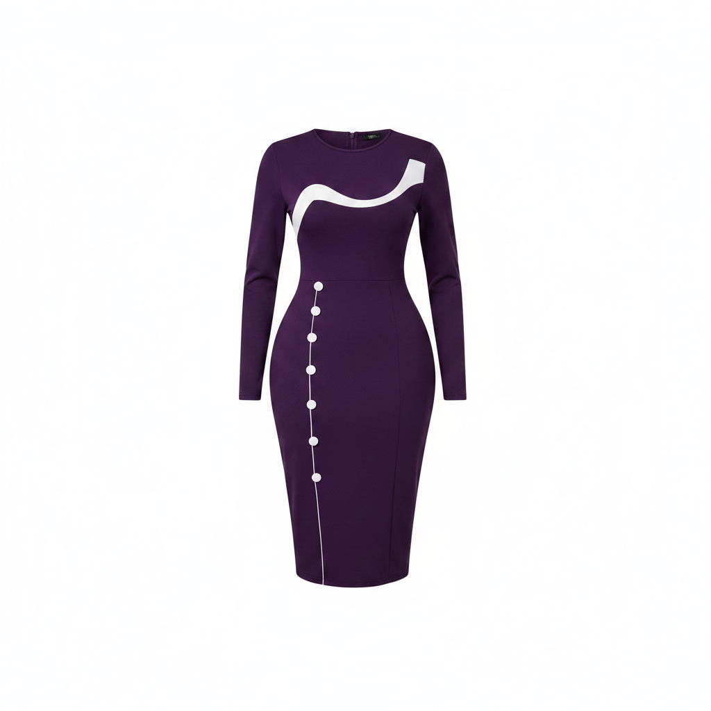 Women's Purple Long-Sleeve Wave Panel Bodycon Midi Dress - Ghost Mannequin