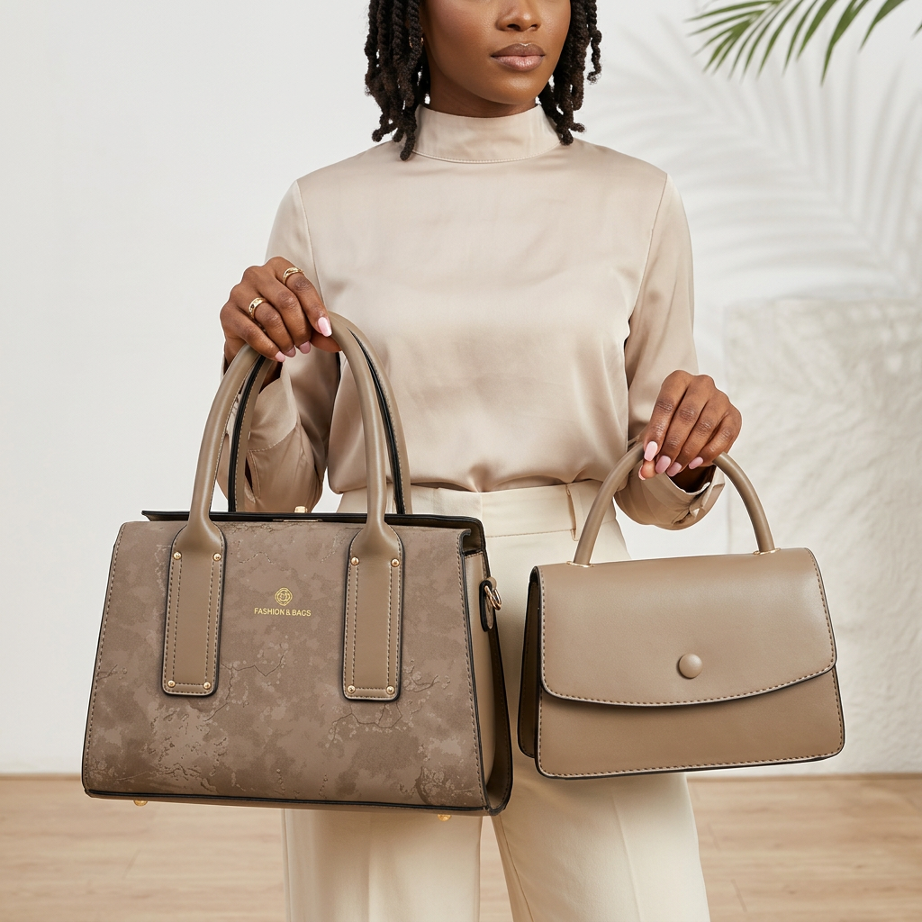 Close-up model view holding both taupe bags