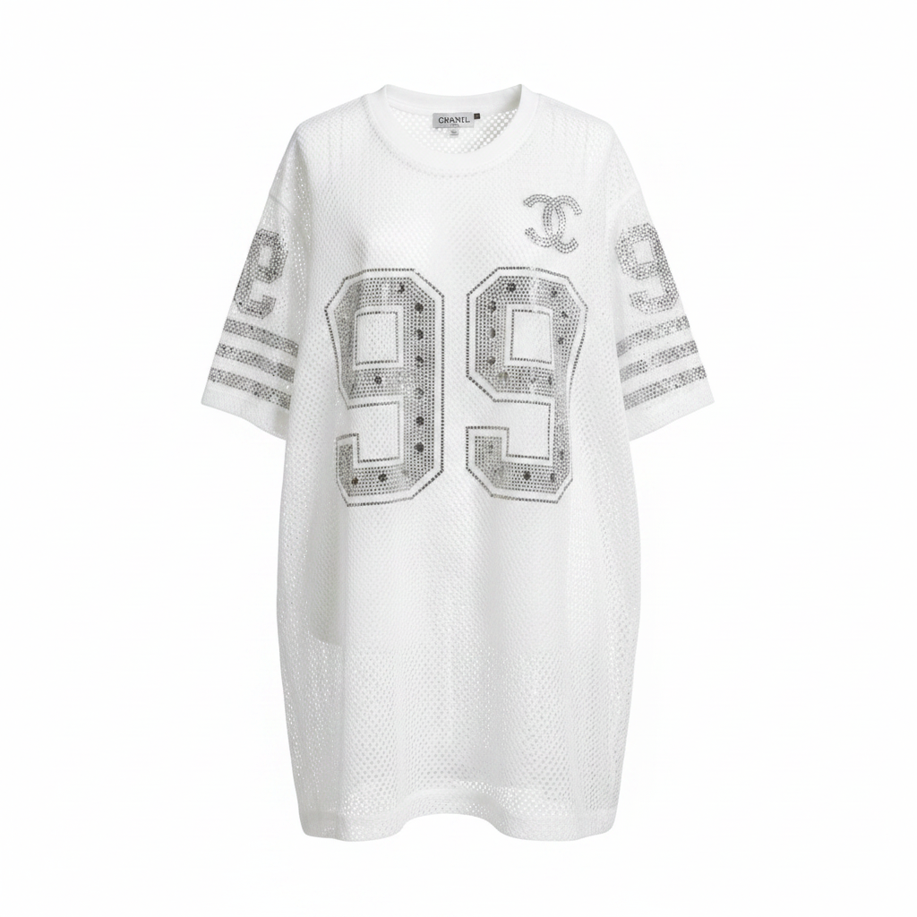 Rhinestone 99 Mesh Oversized Top – Ghost Mannequin White